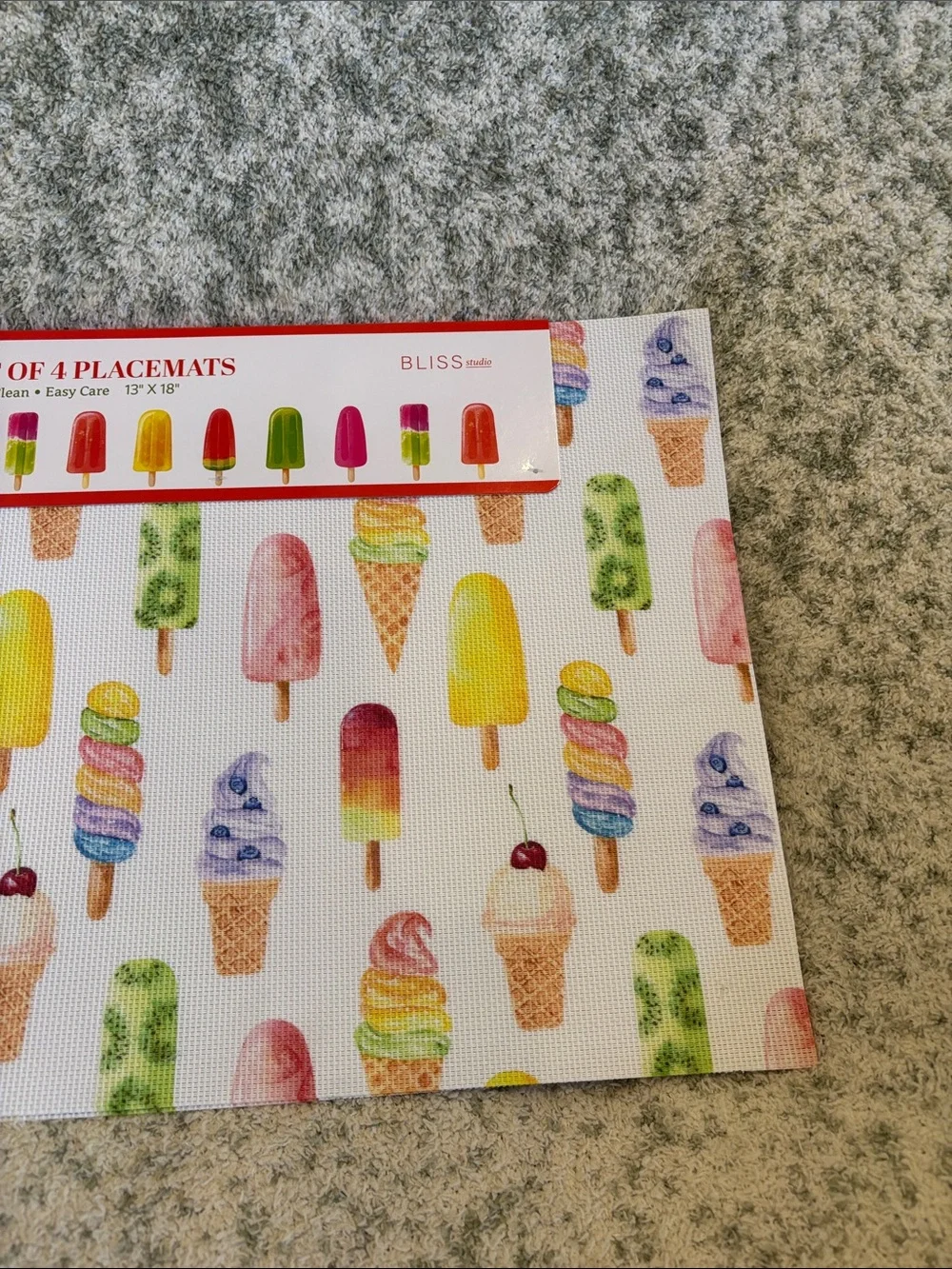 Ice Cream Popsicle Placemat Set of 4 NWT Bliss Studio 13x18” pvc polyester